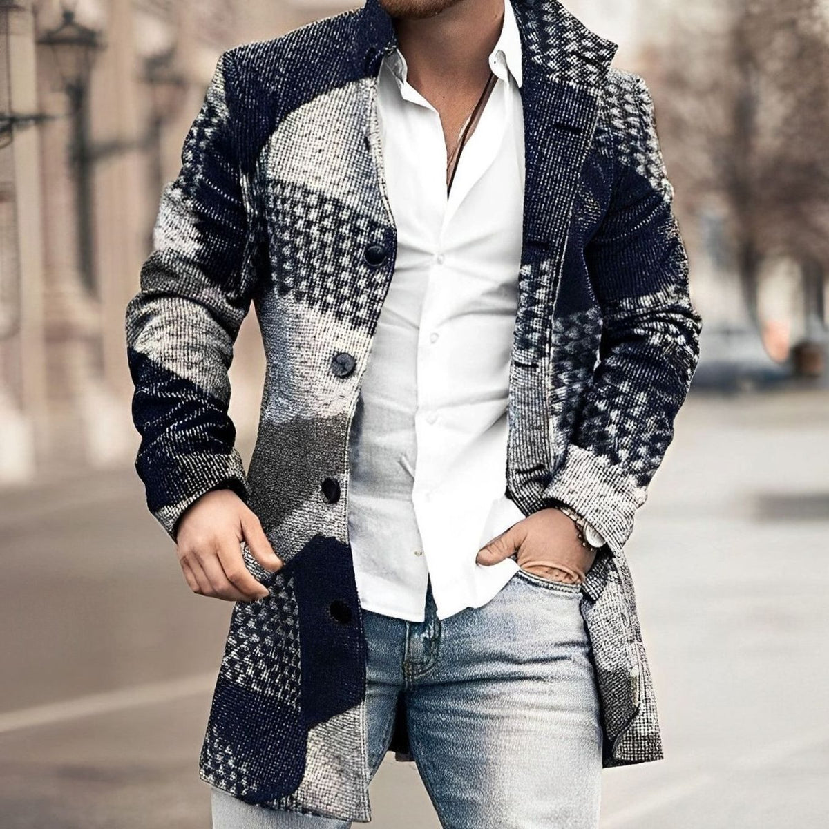 Men's Long Tailored Single-Breasted Button-Up Overcoat
