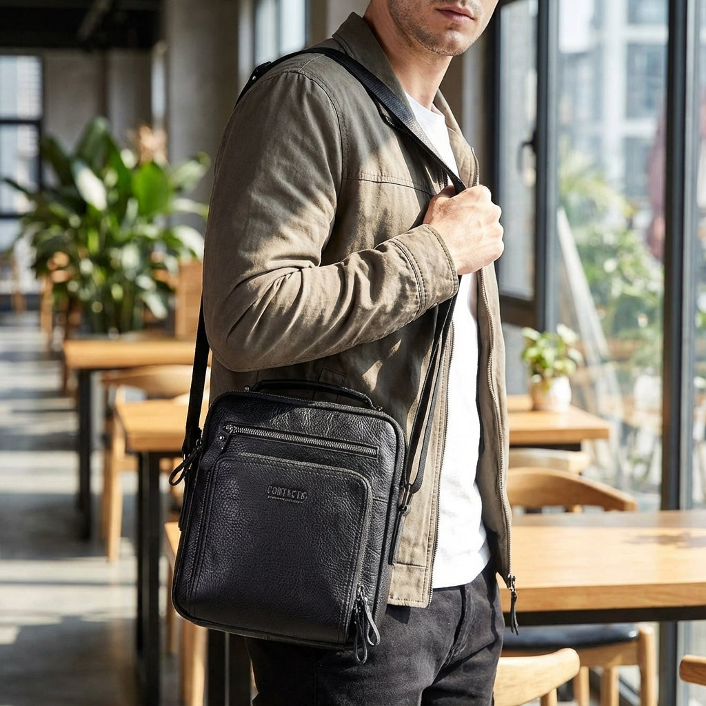 Men's Messenger Bag with Multiple Compartments and Adjustable Strap – Black