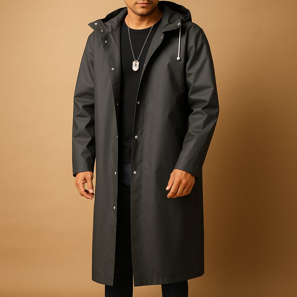 Men's Relaxed Fit Waterproof Hooded Long Rain Jacket