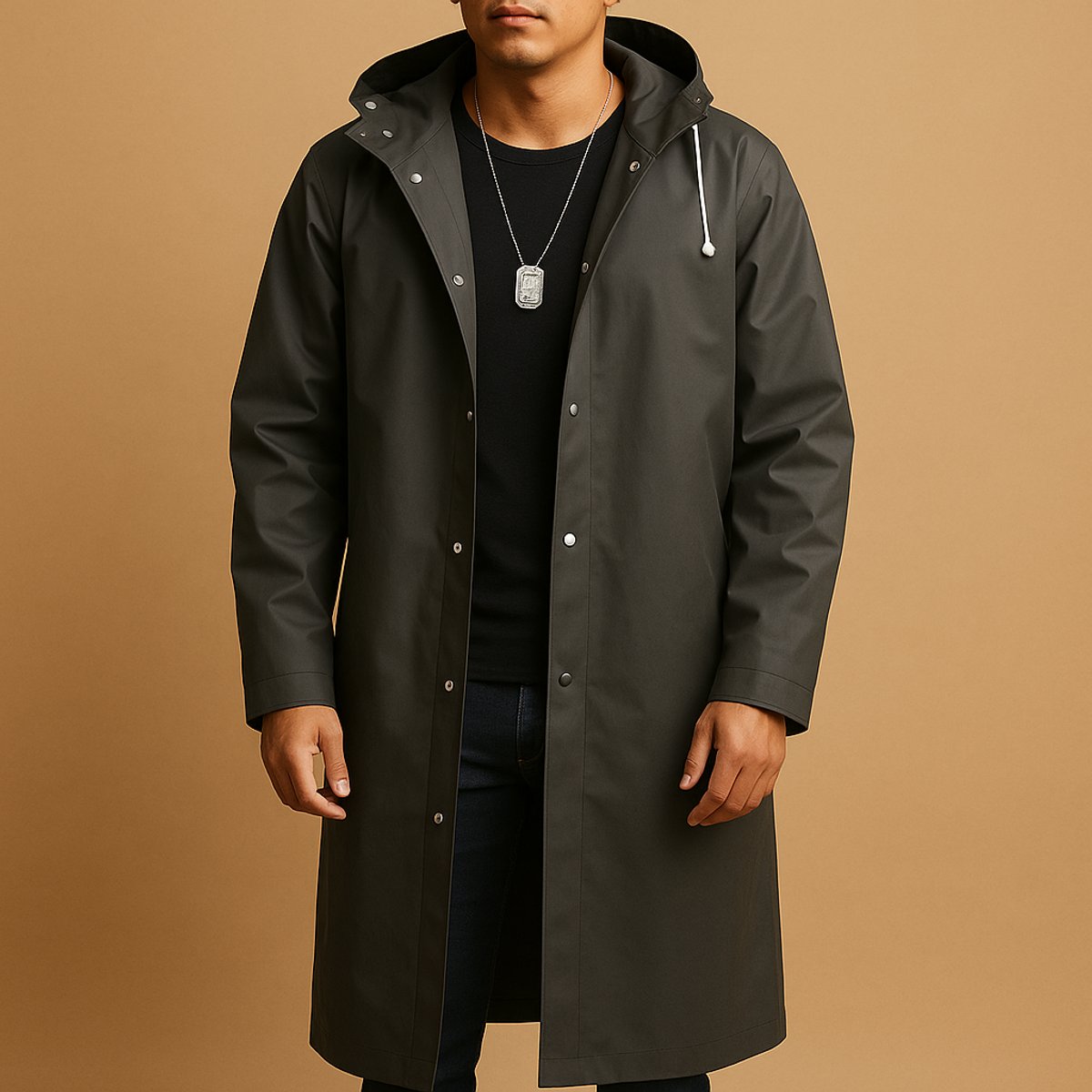 Men's Relaxed Fit Waterproof Hooded Long Rain Jacket