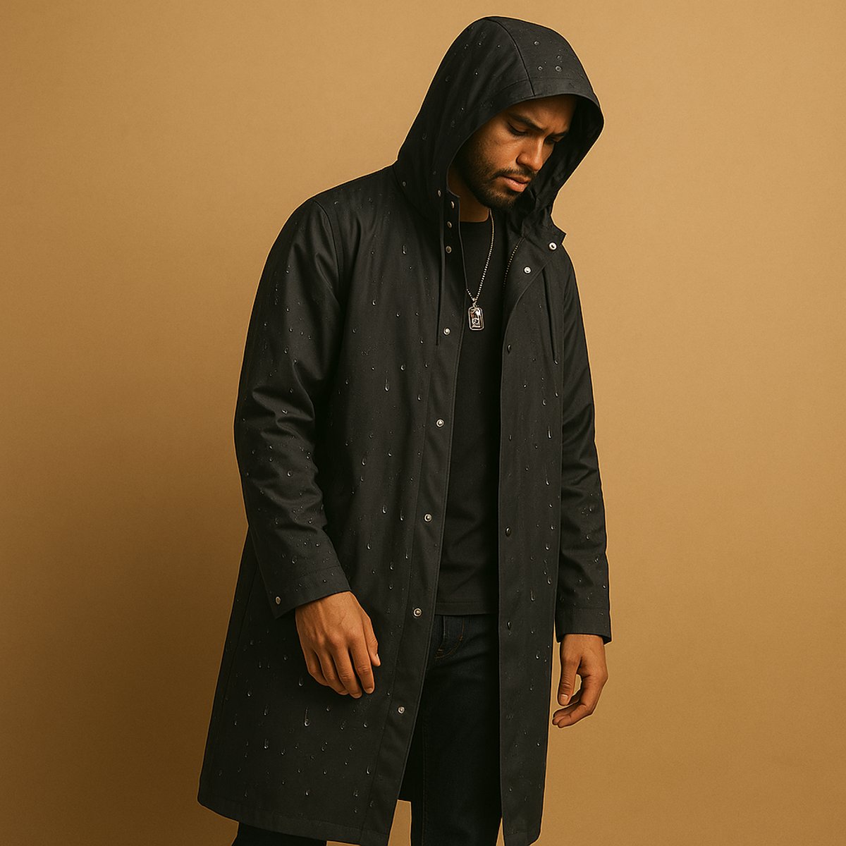 Men's Relaxed Fit Waterproof Hooded Long Rain Jacket