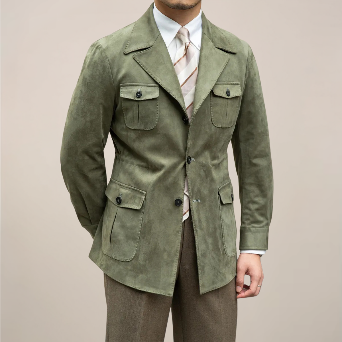Men's Slim Fit Safari Jacket with Four-Pocket Design