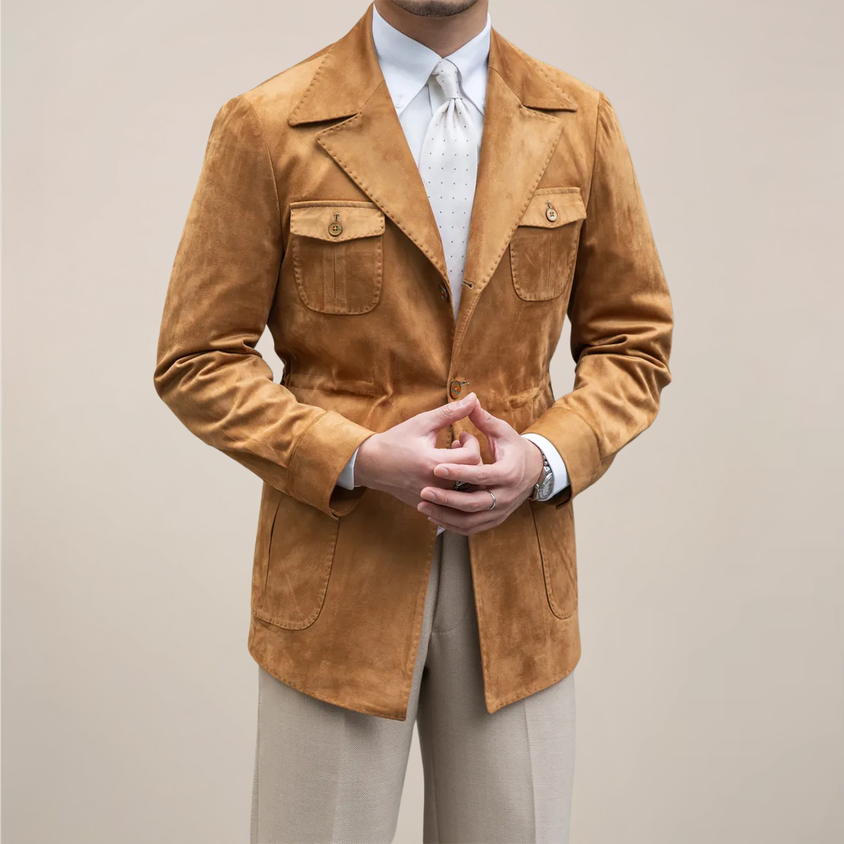 Men's Slim Fit Safari Jacket with Four-Pocket Design
