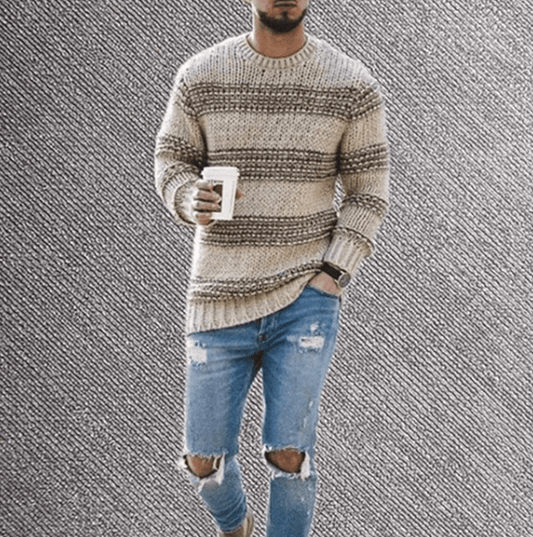 Men's Striped Crew Neck Long Sleeve Sweater