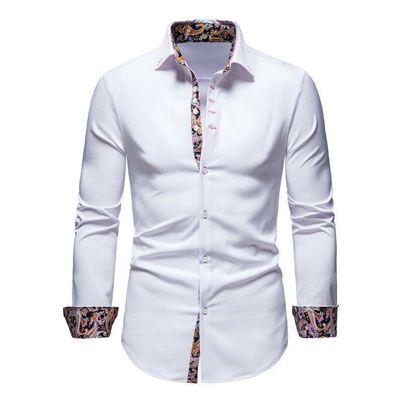 Men's White Dress Shirt with Patterned Cuffs