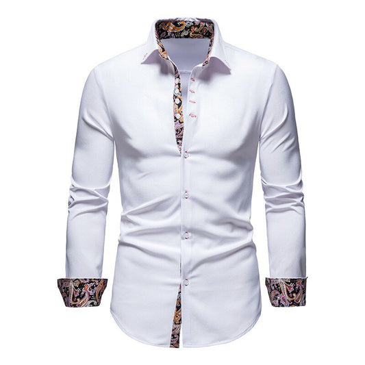 Men's White Dress Shirt with Patterned Cuffs