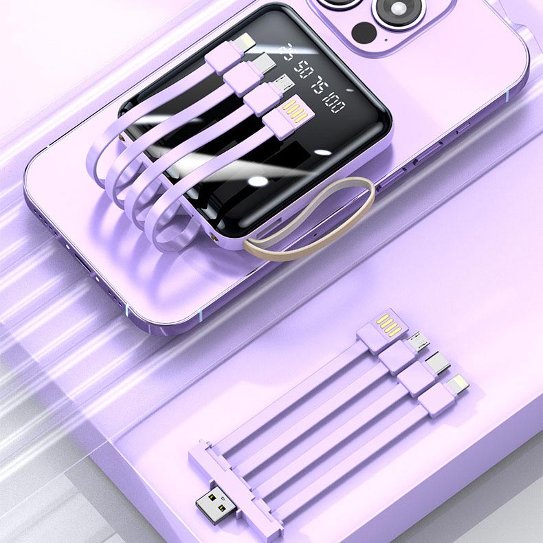 Mini 20000mAh Power Bank with Built-in Cables