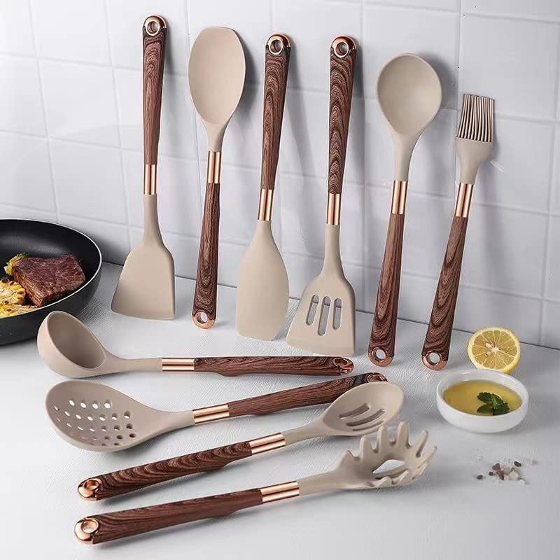 Modern 10-Piece Silicone Cooking Utensil Set with Wood Look