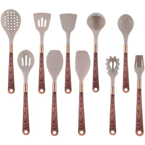 Modern 10-Piece Silicone Cooking Utensil Set with Wood Look