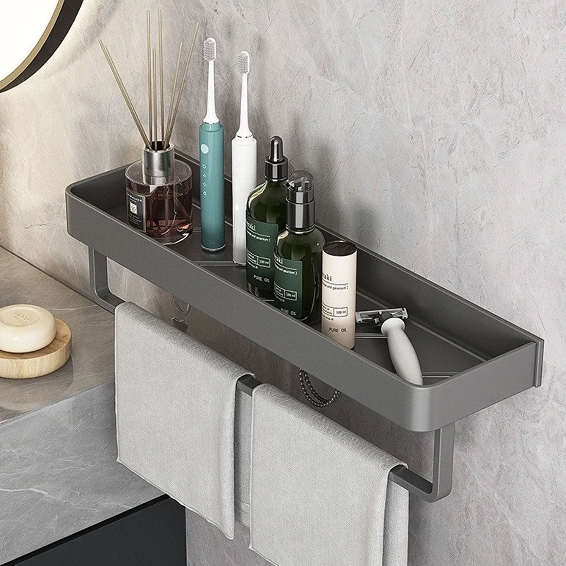 Modern Grey Bathroom Shelf – Wall-Mounted Storage with Optional Towel Rail