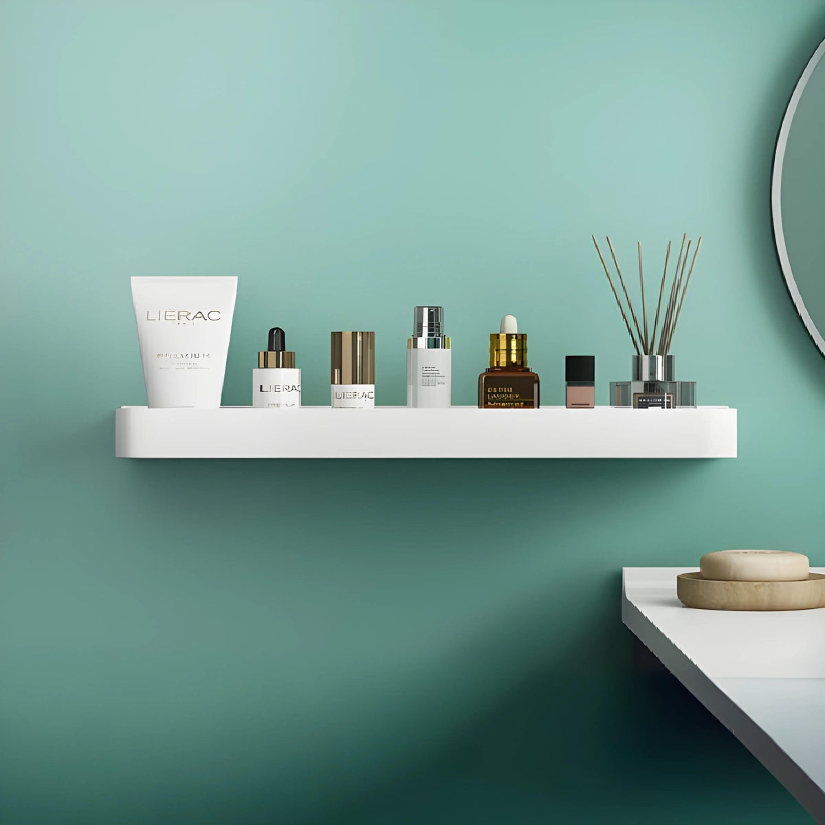 No-Drill Adhesive Wall Shower Shelf with Optional Towel Hook - Black or White