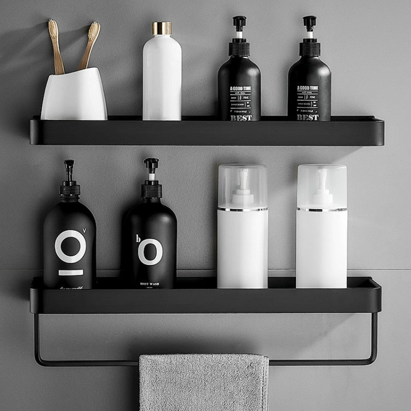 No-Drill Adhesive Wall Shower Shelf with Optional Towel Hook - Black or White