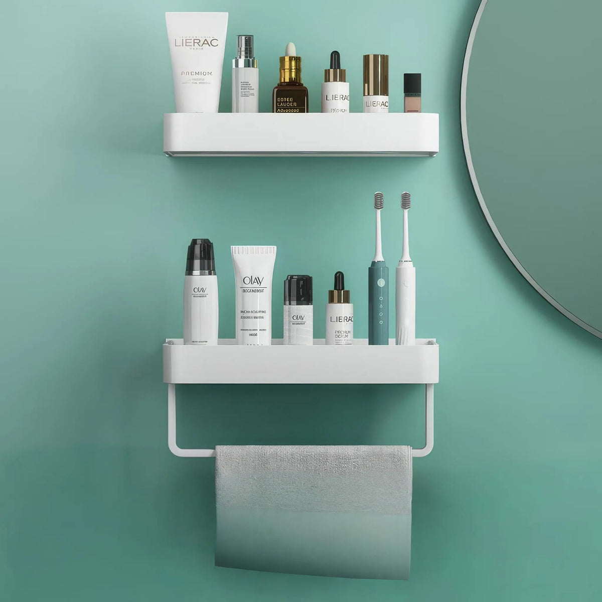 No-Drill Adhesive Wall Shower Shelf with Optional Towel Hook - Black or White