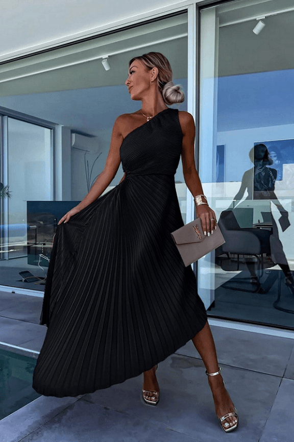One-Shoulder Dress with Pleated Skirt