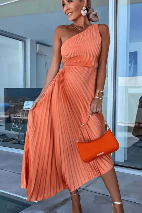 One-Shoulder Dress with Pleated Skirt