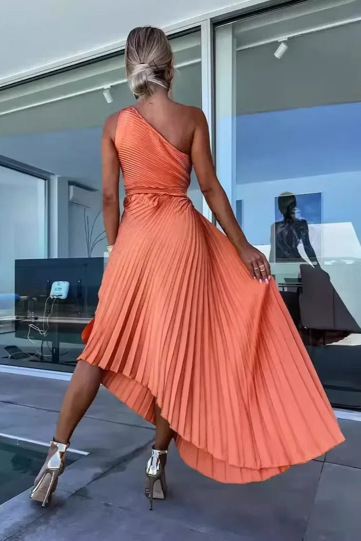 One-Shoulder Dress with Pleated Skirt