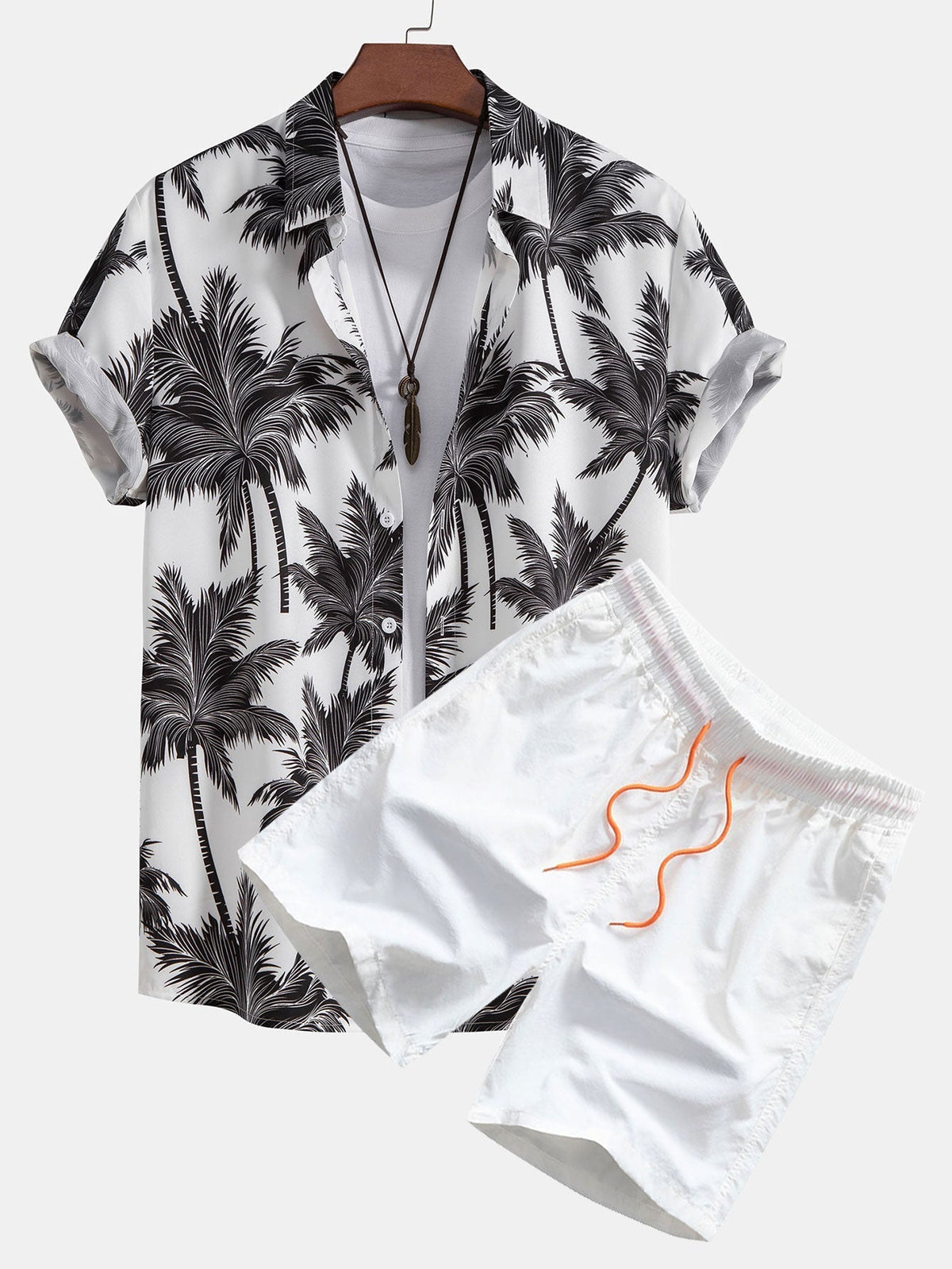 Palm Print Shirt and Swim Shorts Set – Regular Fit Casual Summer Outfit
