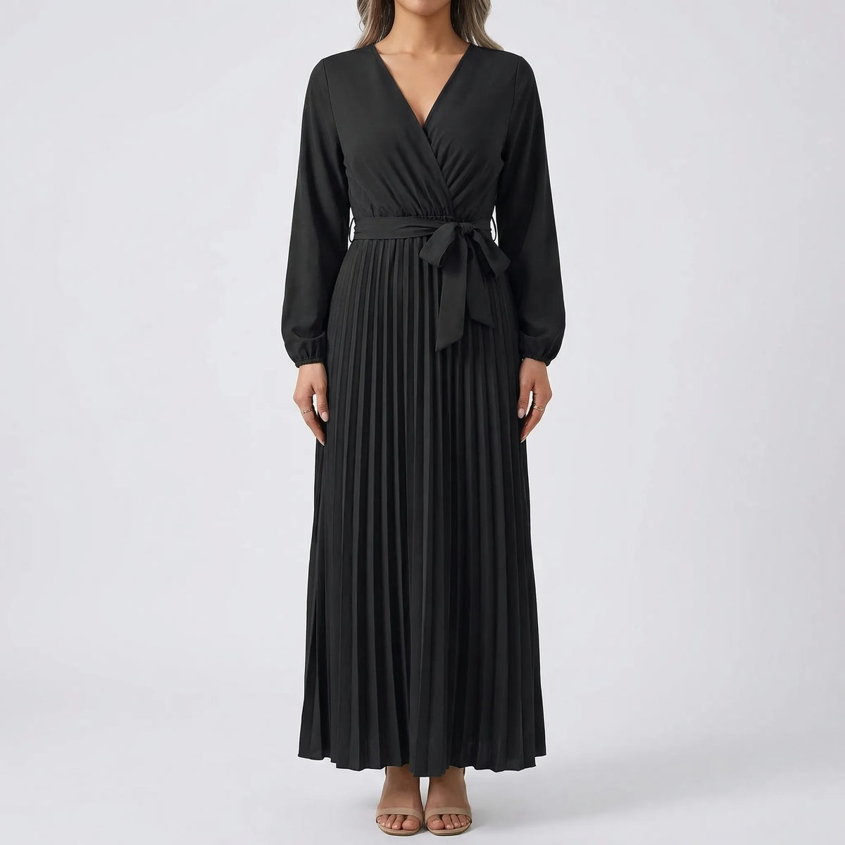Pleated Maxi Dress with Lantern Sleeves - Ashley