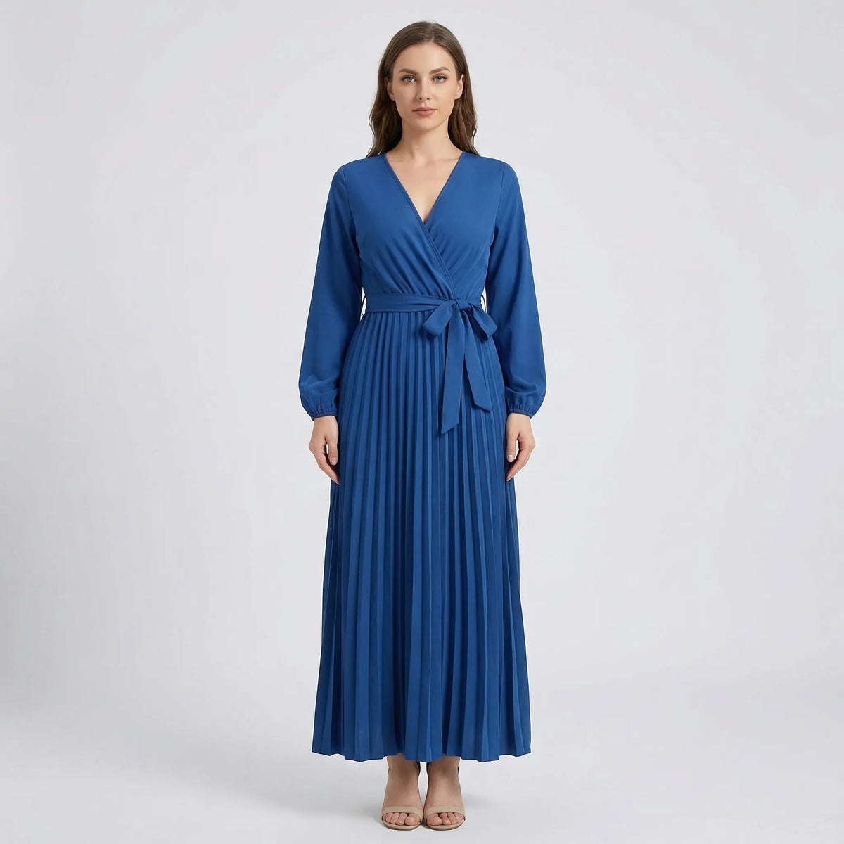 Pleated Maxi Dress with Lantern Sleeves - Ashley