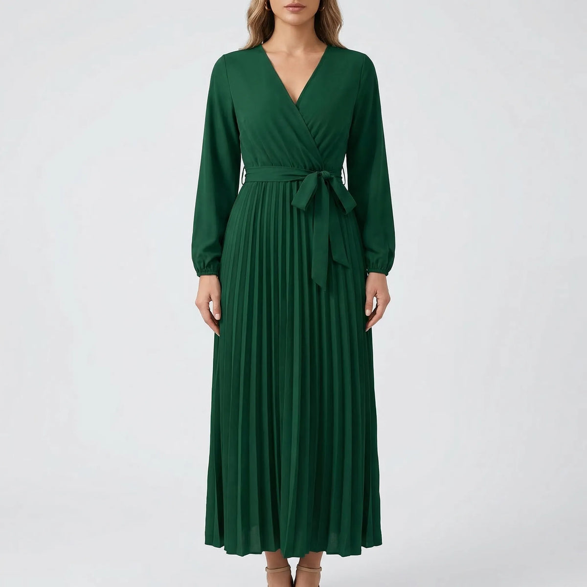 Pleated Maxi Dress with Lantern Sleeves - Ashley