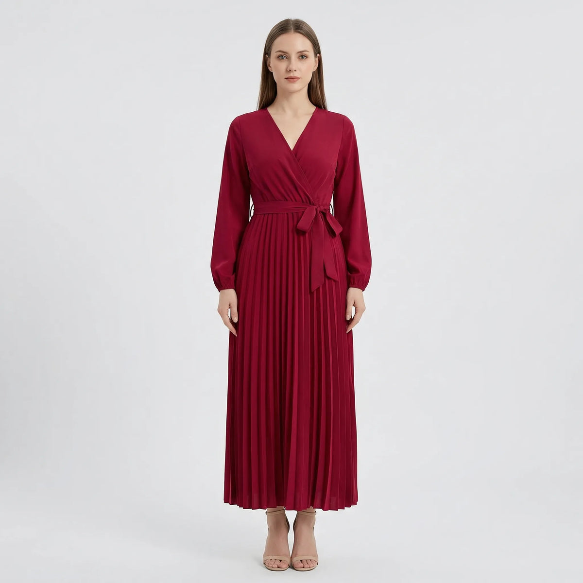 Pleated Maxi Dress with Lantern Sleeves - Ashley