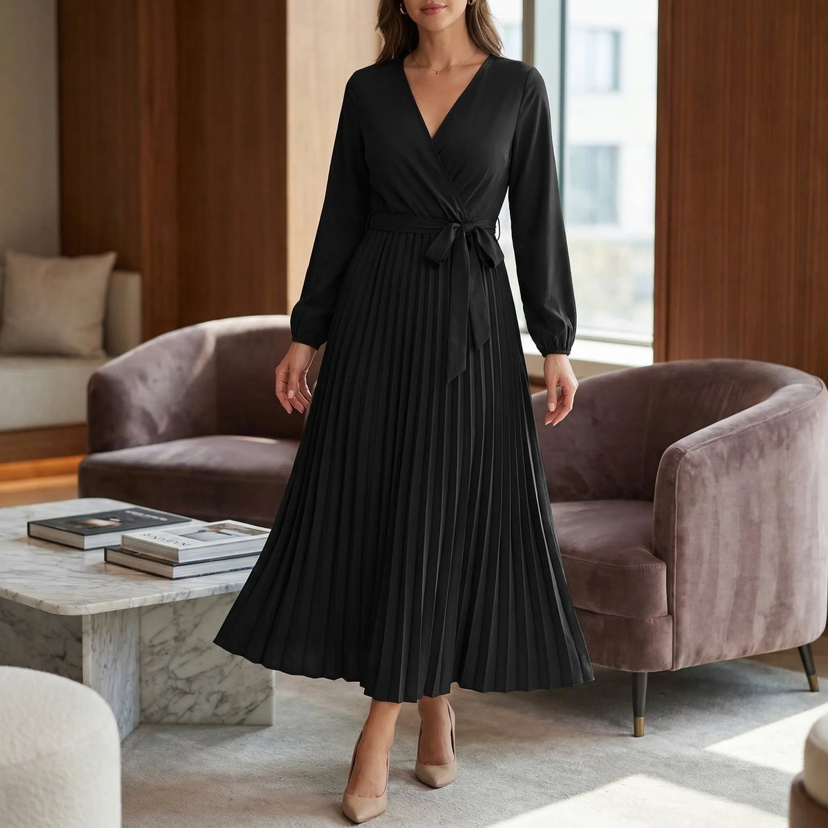 Pleated Maxi Dress with Lantern Sleeves - Ashley