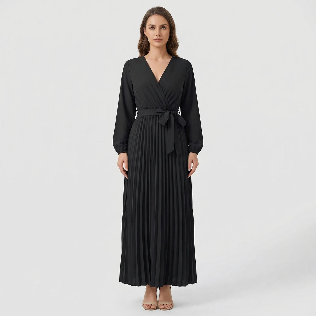 Pleated Maxi Dress with Lantern Sleeves - Ashley