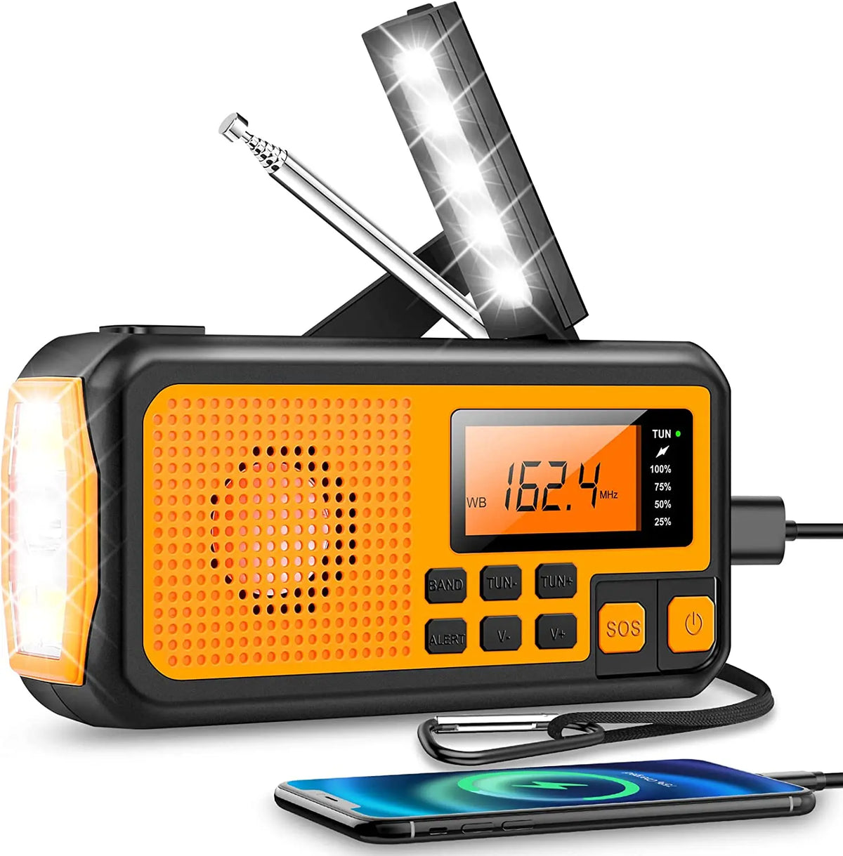Portable Emergency Radio with Flashlight & Power Bank - Solar, Crank & USB Charging