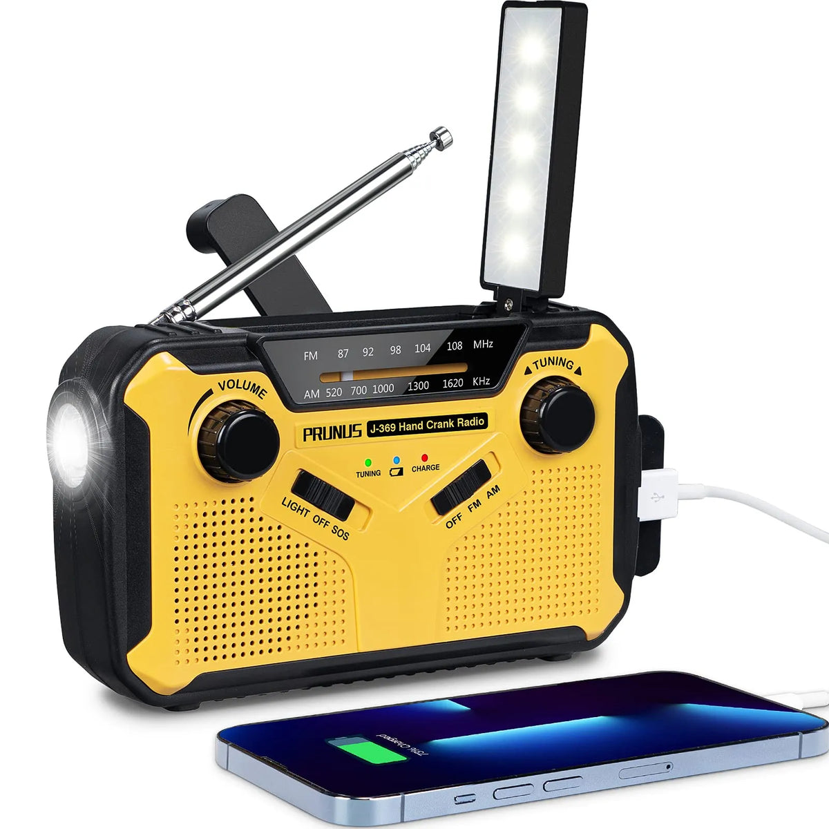 Portable Emergency Radio with Flashlight & Power Bank - Solar, Crank & USB Charging
