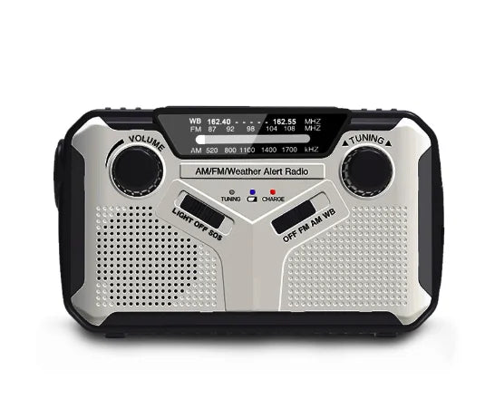 Portable Emergency Radio with Flashlight & Power Bank - Solar, Crank & USB Charging