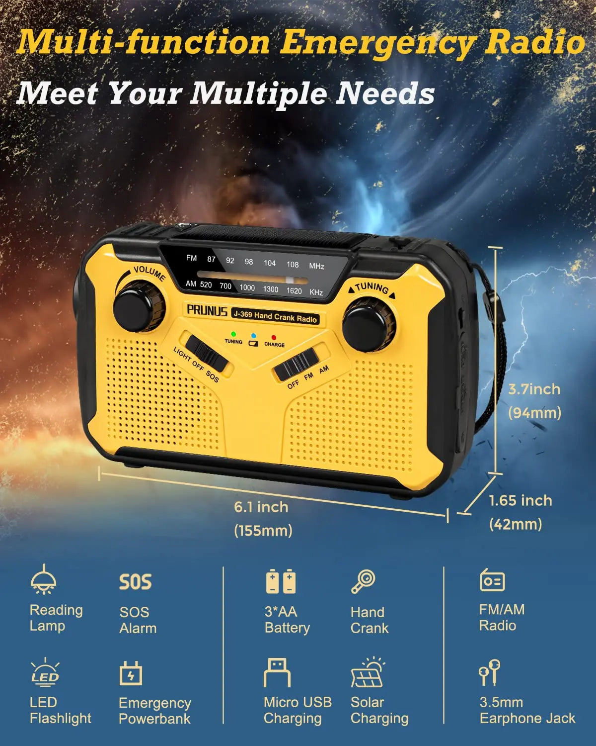 Portable Emergency Radio with Flashlight & Power Bank - Solar, Crank & USB Charging