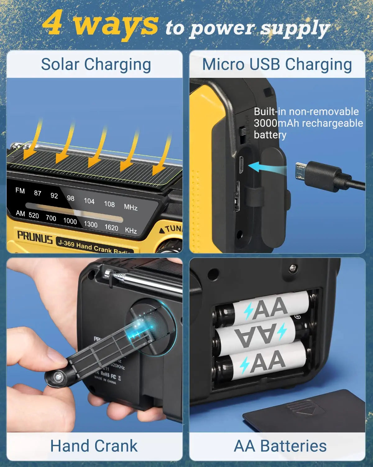 Portable Emergency Radio with Flashlight & Power Bank - Solar, Crank & USB Charging