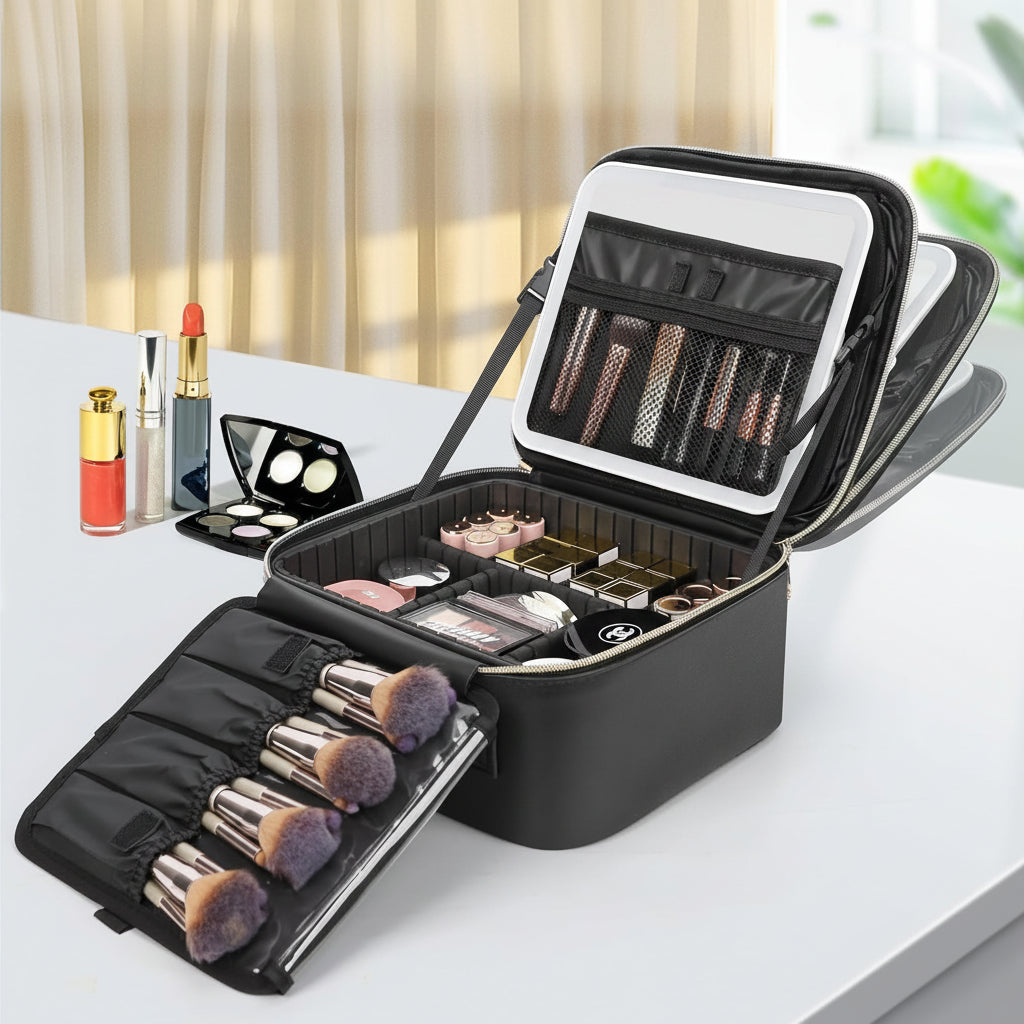 Portable Travel Makeup Case with Integrated LED Mirror - Lightweight Cosmetic Organizer