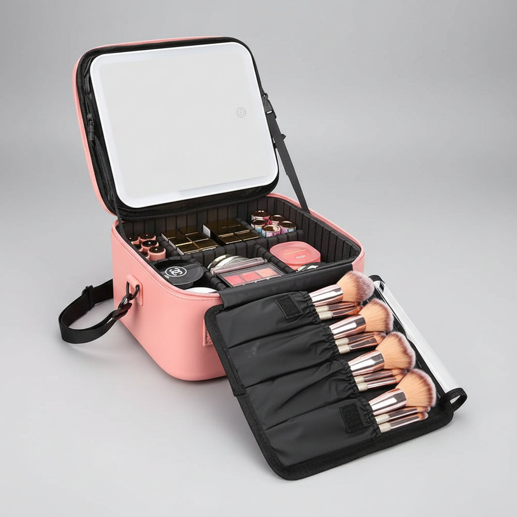Portable Travel Makeup Case with Integrated LED Mirror - Lightweight Cosmetic Organizer