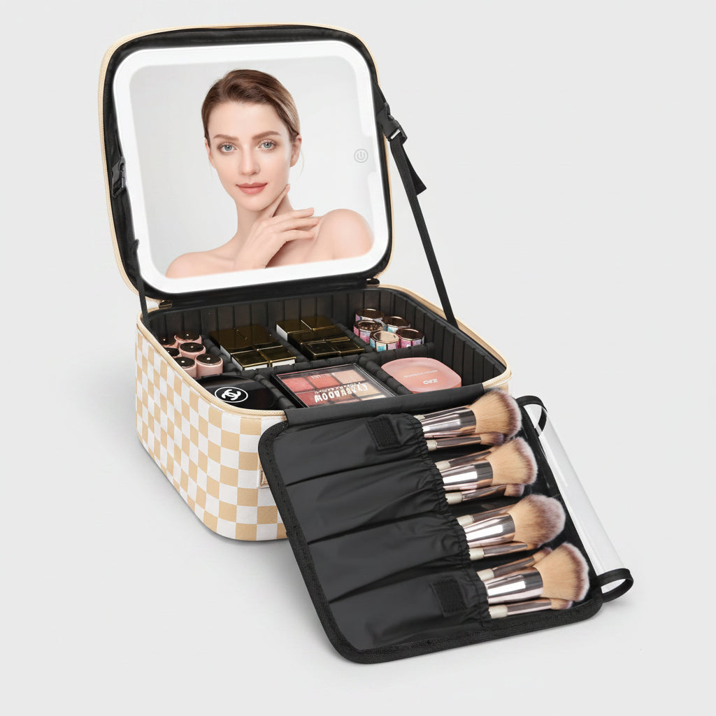 Portable Travel Makeup Case with Integrated LED Mirror - Lightweight Cosmetic Organizer
