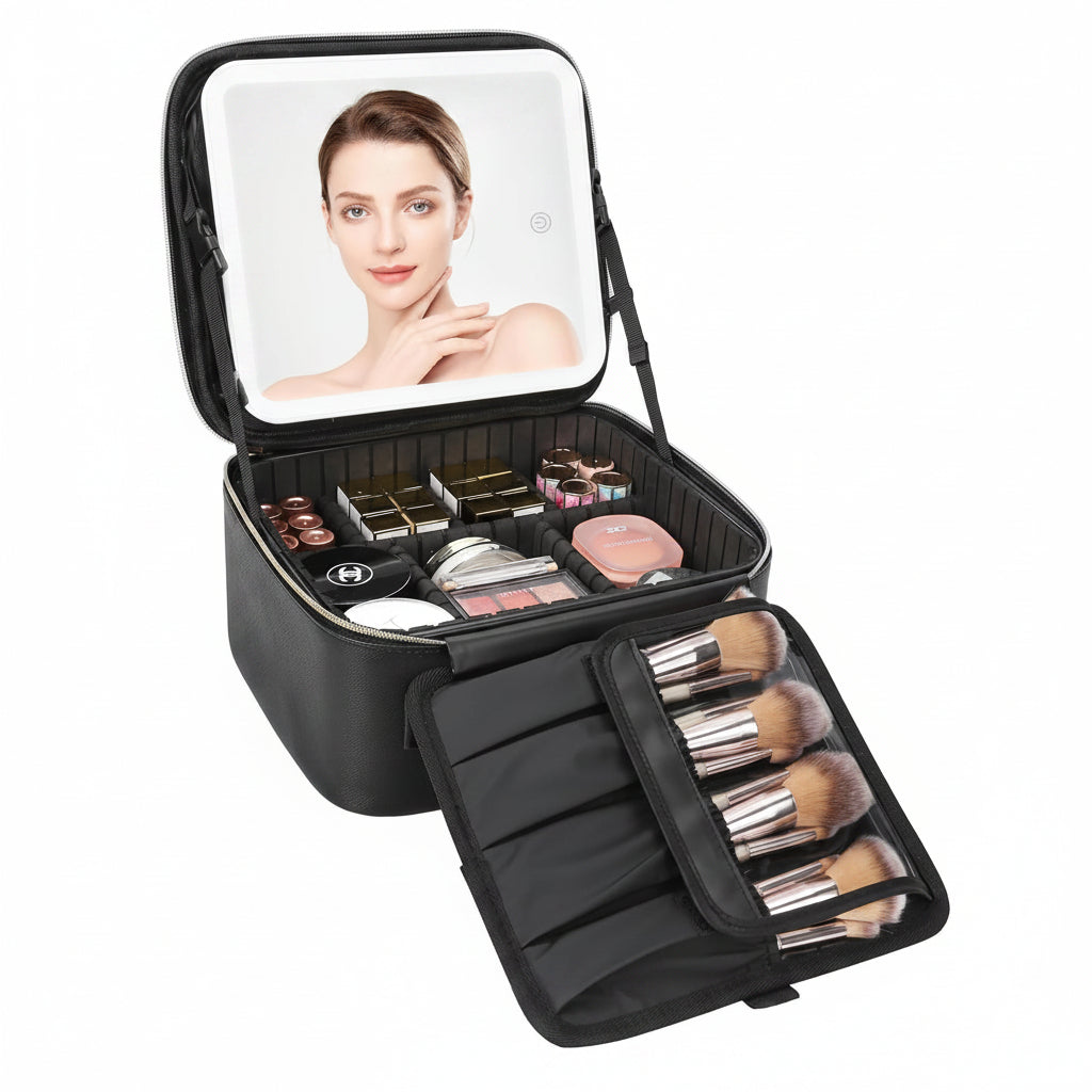 Portable Travel Makeup Case with Integrated LED Mirror - Lightweight Cosmetic Organizer