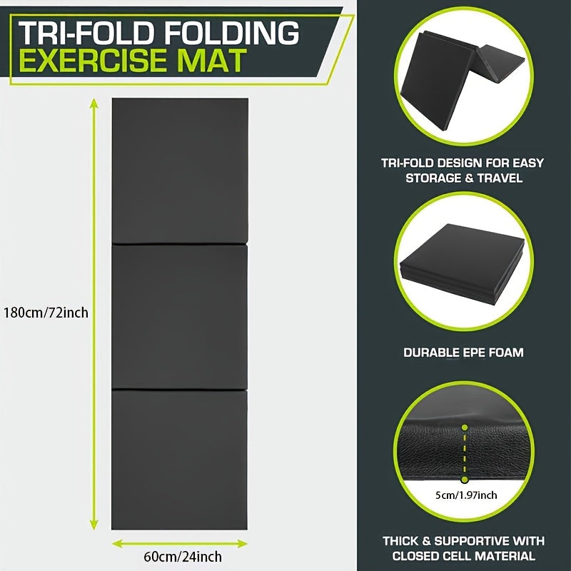Portable Tri-Fold Yoga Mat with Thick Padding, Non-Slip PU Surface and Handle