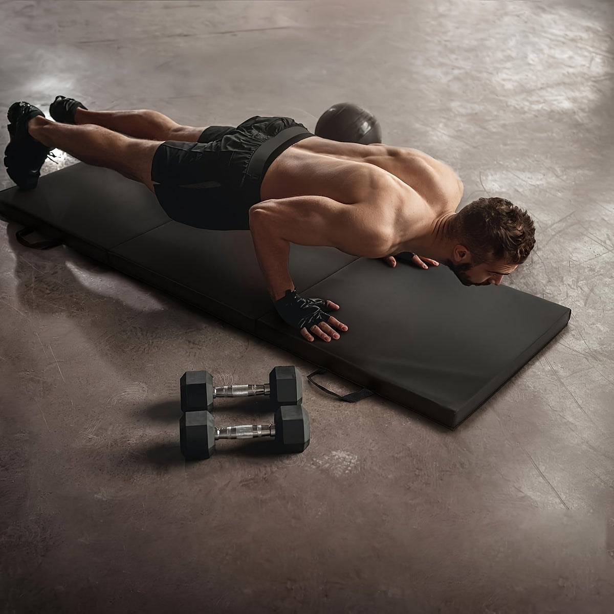 Portable Tri-Fold Yoga Mat with Thick Padding, Non-Slip PU Surface and Handle