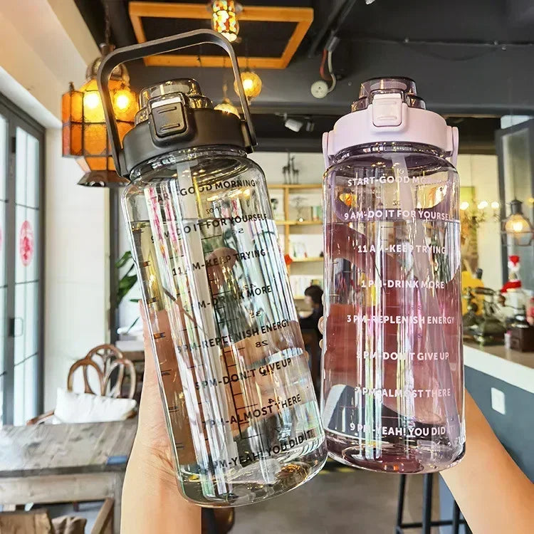 Portable Water Bottle with Straw and Time Markings for Sports & Fitness
