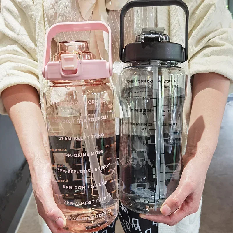 Portable Water Bottle with Straw and Time Markings for Sports & Fitness