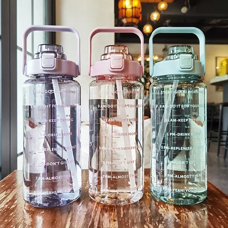 Portable Water Bottle with Straw and Time Markings for Sports & Fitness