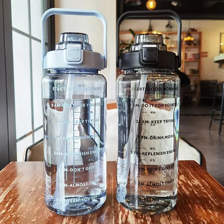 Portable Water Bottle with Straw and Time Markings for Sports & Fitness