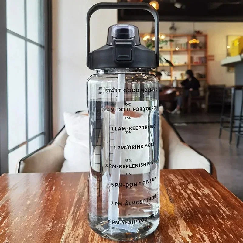 Portable Water Bottle with Straw and Time Markings for Sports & Fitness