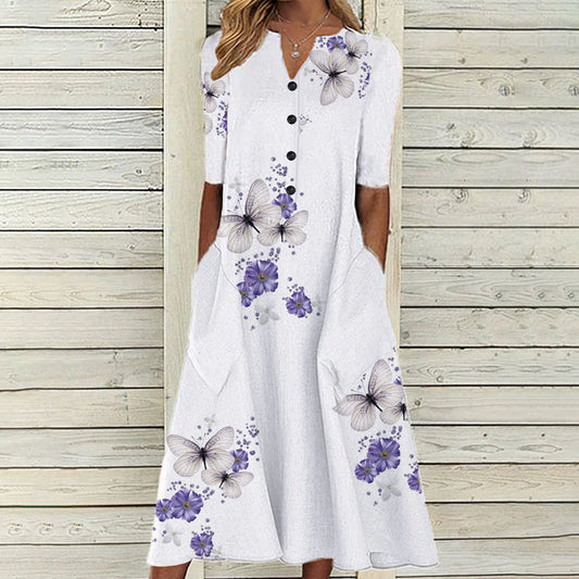 Printed V-Neck A-Line Summer Dress with Pockets