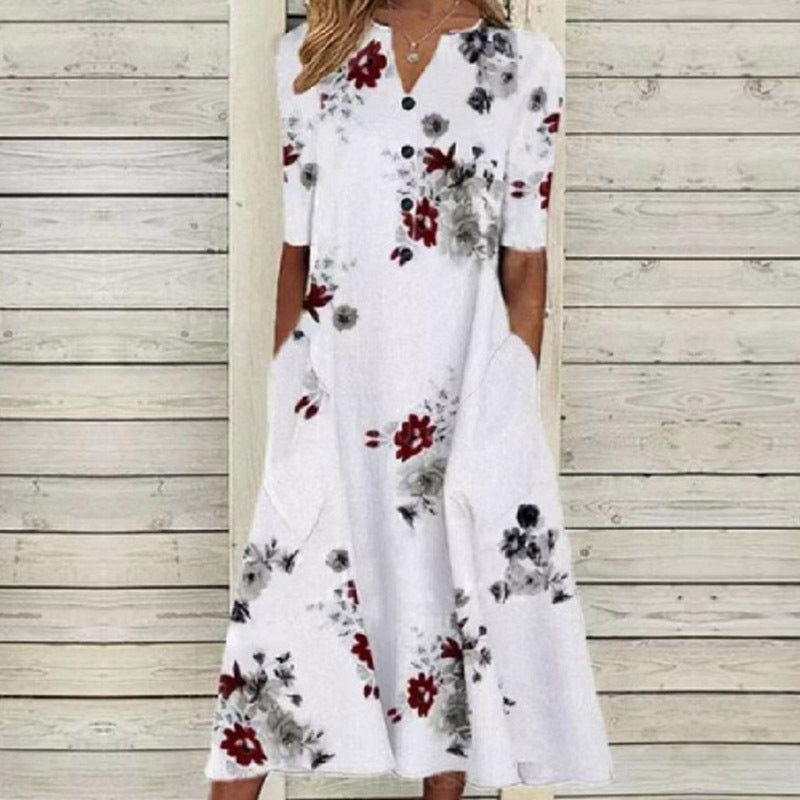 Printed V-Neck A-Line Summer Dress with Pockets