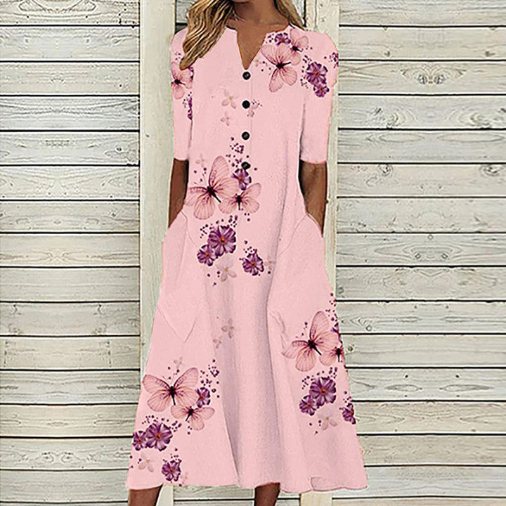 Printed V-Neck A-Line Summer Dress with Pockets