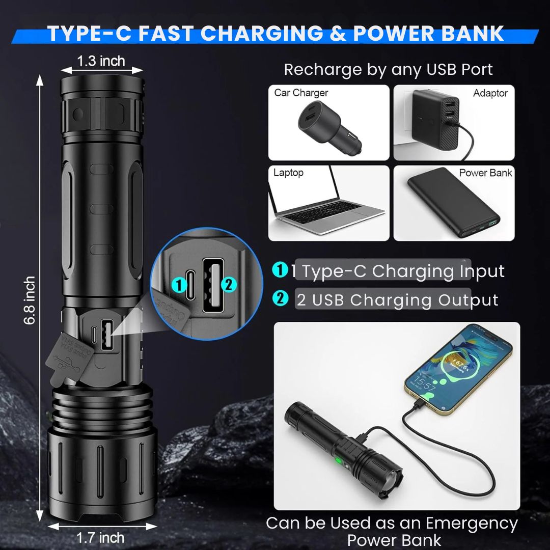 Rechargeable Tactical LED Flashlight – 100,000 Lumens