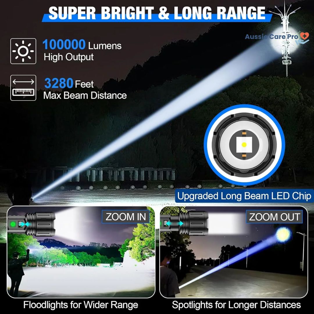 Rechargeable Tactical LED Flashlight – 100,000 Lumens