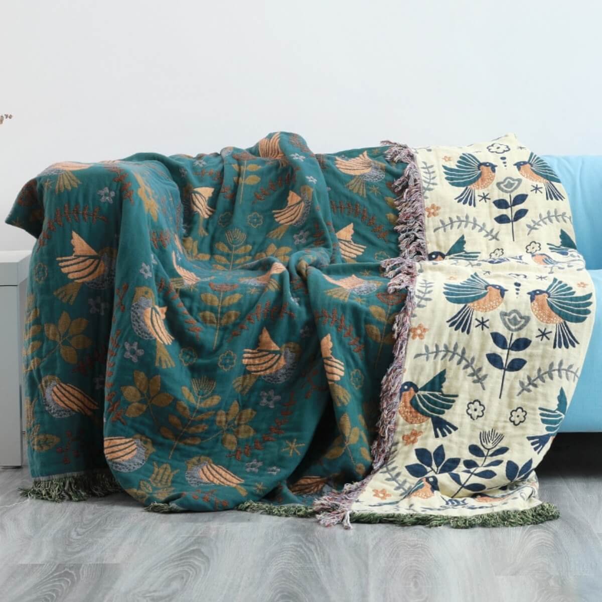 Reversible Scandinavian Bird All-Season Throw Blanket