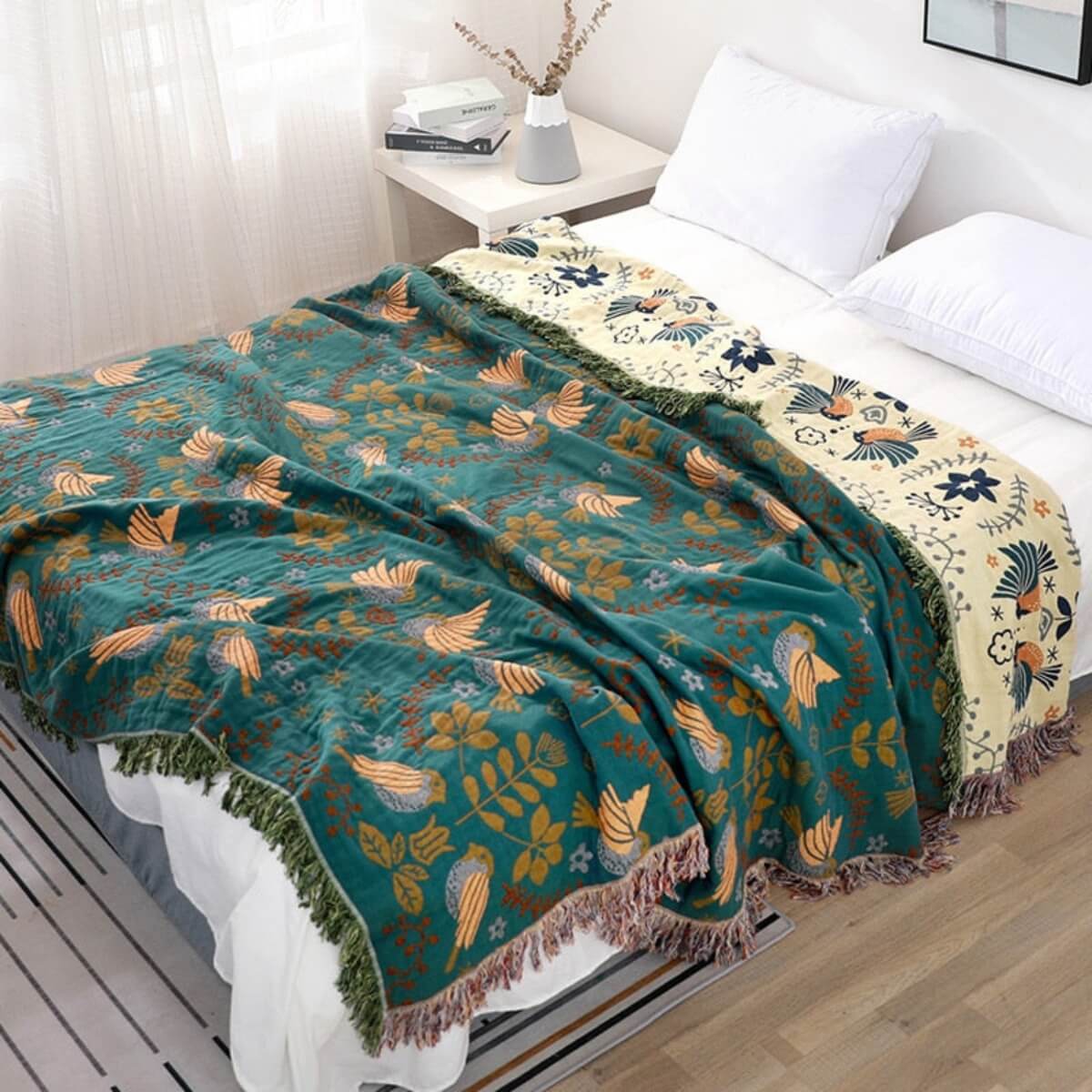 Reversible Scandinavian Bird All-Season Throw Blanket
